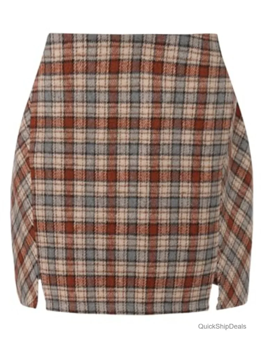 Faux Wool Plaid High Waisted Bodycon Mini Skirt with Side Slits
